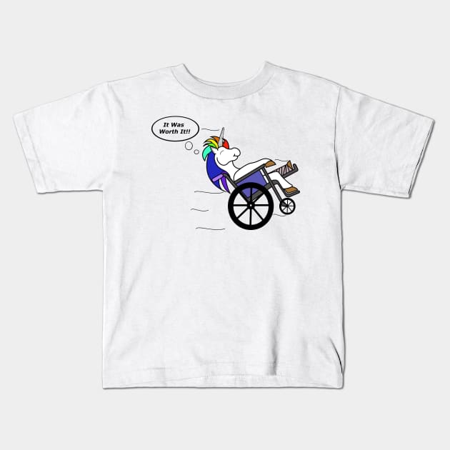 Wheelchair Unicorn - It Was Worth It!! Kids T-Shirt by DavinciSMURF